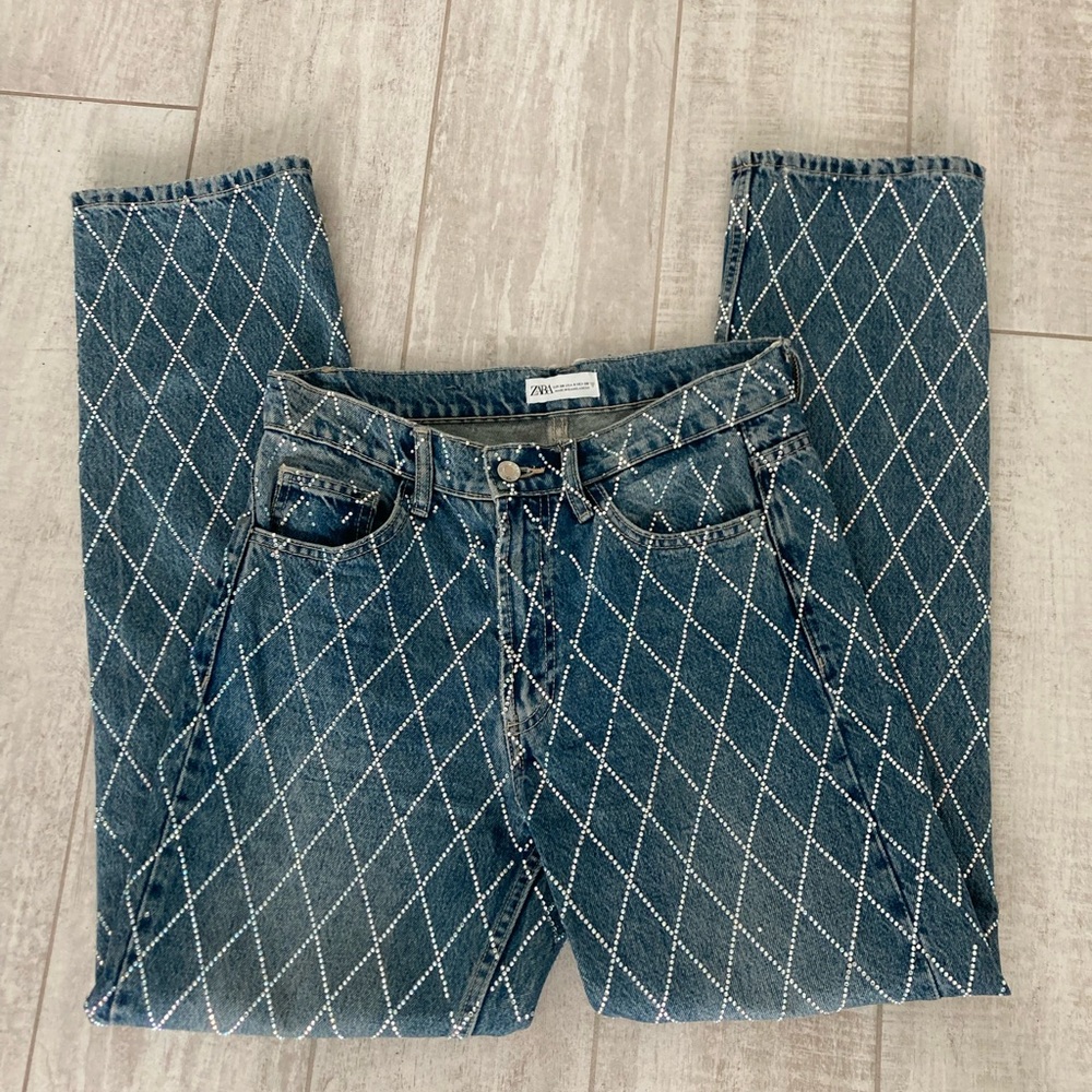 Zara Blue Boot Cut Jeans with White Diamond Design